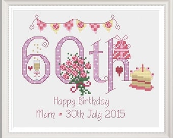 60th Birthday (Numbers) - Customisable Cross Stitch Chart - Digital Format PDF Pattern