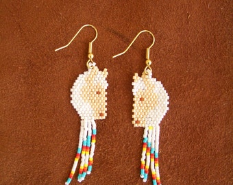 Horse Head Earrings. Authentic Native American hand made. Palomino. Southwest. Fringed. Light Weight. Delica Beads. Brick Stitch