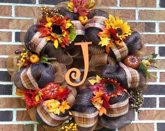 Large Deco Mesh Fall Flowers Initial Wreath