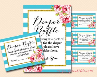 Diaper raffle tickets, diaper raffle printable, diaper raffle cards and sign, Turquoise Stripes, Chic baby shower games Printables TLC84