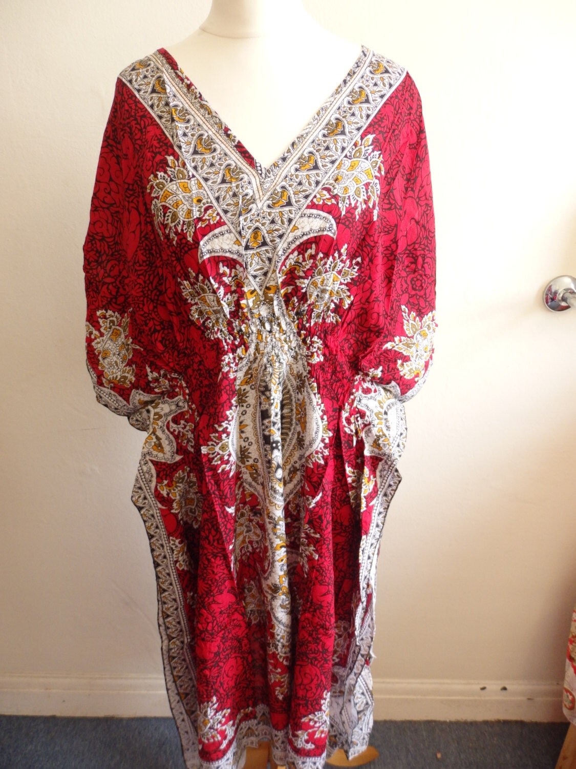 red kaftan dress cotton summer beach holiday strechable waist