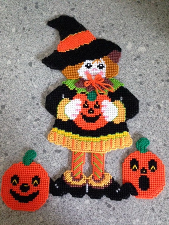 Items Similar To Handmade Plastic Canvas Halloween Witch And Pumpkins 