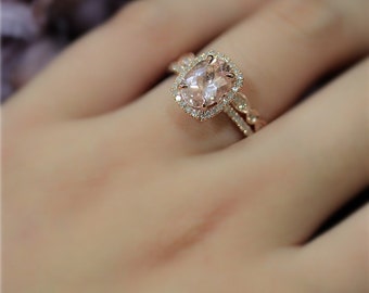 Handmade Morganite Ring Set! Engagement Ring Set 7x9mm Natural VS Pink Morganite Ring Set Solid 14K Rose Gold Ring Wedding Ring Promise Ring