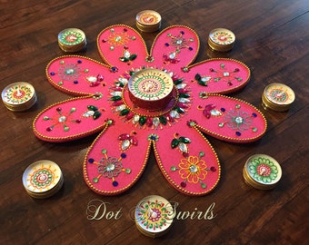 Beautiful flower shape 12" felt Rangoli set with decoretive candles/ wedding center piece/holiday decor/Christmas centerpiece