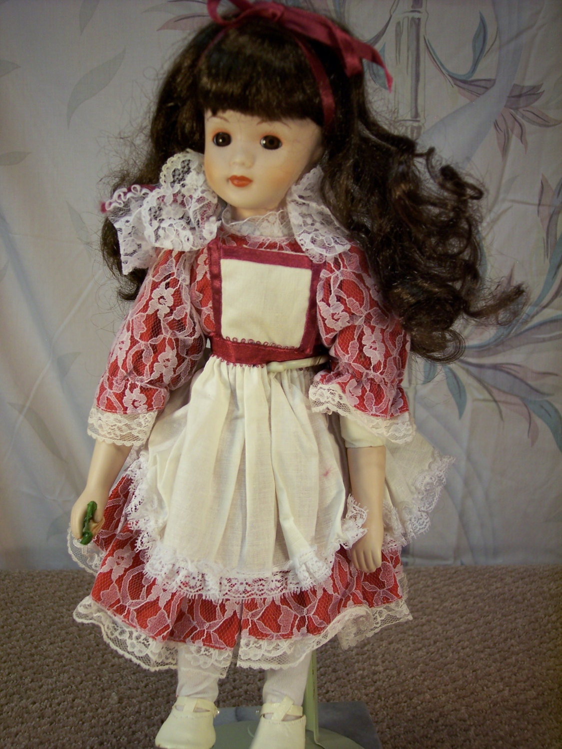 Unknown Vintage Porcelain Doll With Rose In Hand