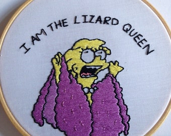 Handmade embroidery hoop, lisa simpson "i am the lizard queen" embroidered simpsons hoop art