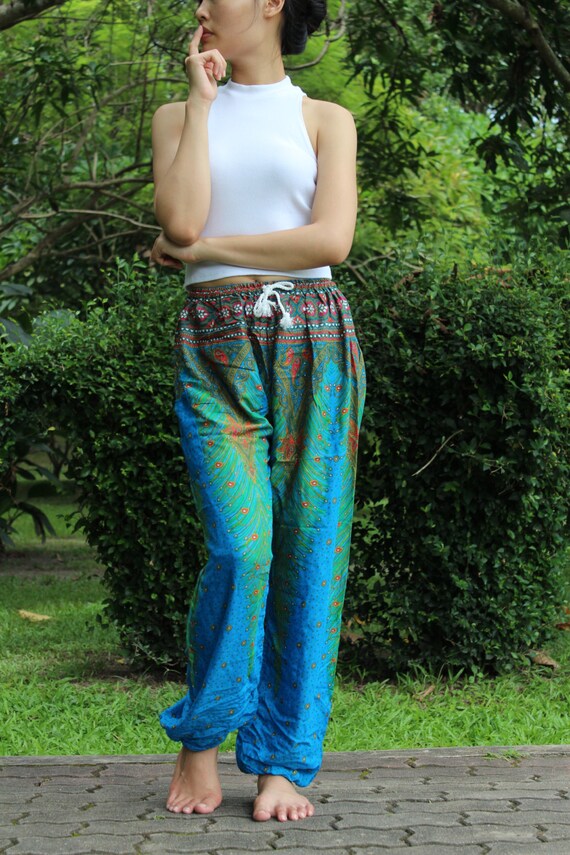 Hippie Pants Boho Clothing Hippie Peacock Design Blue Ocean