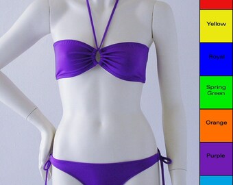 Keyhole Bandeau Top and Tie Bottom Two Piece Bikini Swimsuit in Red, Yellow, Blue, Green, Orange, Purple, Turquoise S.M.L.XL.