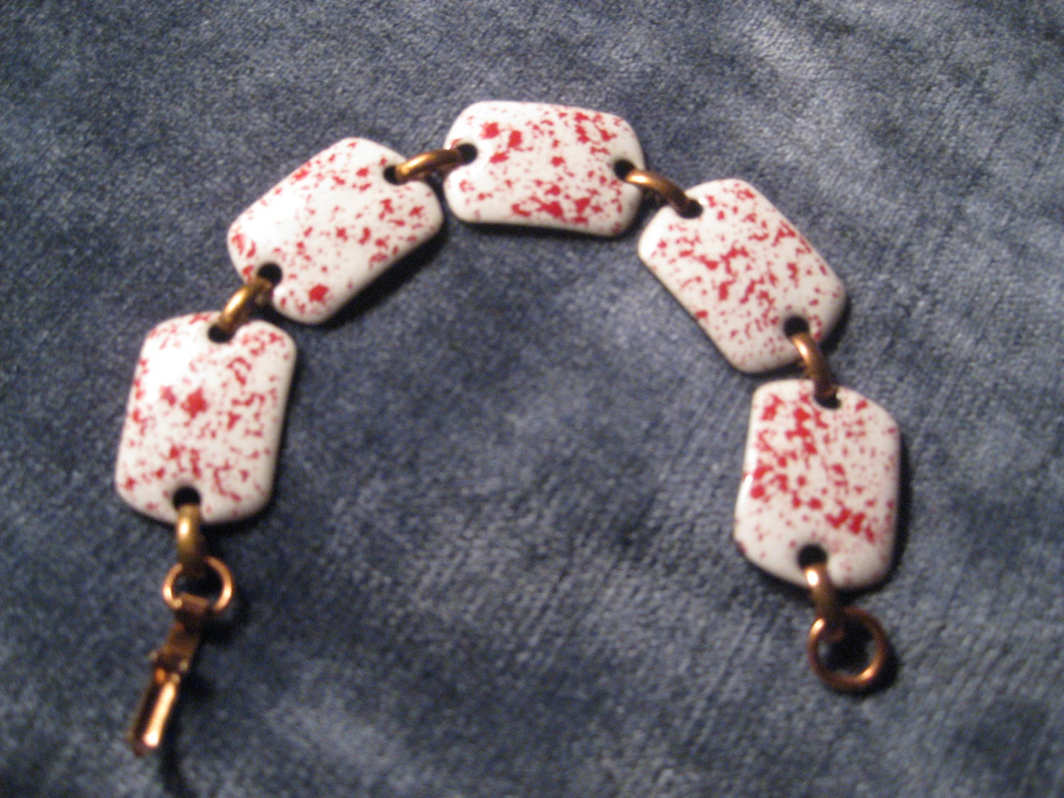 Vintage Copper and White Enamel Bracelet with Red Flecks