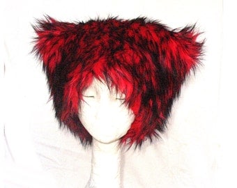 Mi Vida Roja faux fur hat - Kozy Kitty Hat - Red husky fur - fleece lining luxe fur - men women Mardi Gras fuzzy hat Burning Man festival
