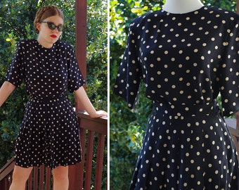 POLKA Dot 1980's 90's Vintage Black + Cream White SILK Blouse + Skirt Set // by Smooth Premier // size 6 Small Med