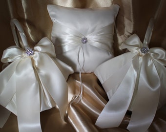 3pc Set-Ivory or White Satin Larger Flower Girl Baskets/Ring Bearer Pillow Shown with Ivory Satin Ribbon Rhinestone Accent-CUSTOM COLORS