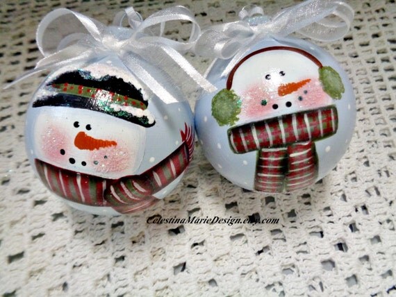 Snowman Glass Ornament 2pc Set Hand Painted and Glittered