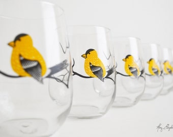 Finch Stemless Wine Glasses - Set of 6 Stemless Golden Finch Glasses - Finches, Yellow Finches, Golden Finches, Glassware