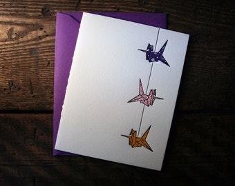Letterpress Printed String of Cranes Card (Violet-Red-Orange) - single