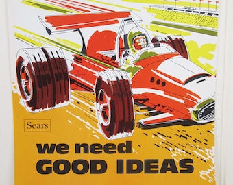 Vintage Poster Sears Work Workplace Motivational Get Moving Suggest Now Race Car