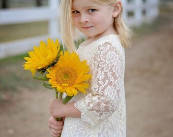 Ivory Creme Lace Flower Girl Dress, Lace dress, Cream Wedding dress, Vintage Style Dress, Jr Bridesmaid, Rustic wedding, Beach dress