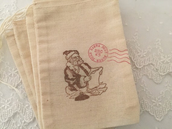 Santa Favor Bags Muslin Drawstring Gift Bags - Set of 10