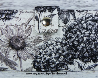 Handmade Long Wallet BiFold Clutch -Vegan Wallet - Midnight floral garden or half size unisex wallet