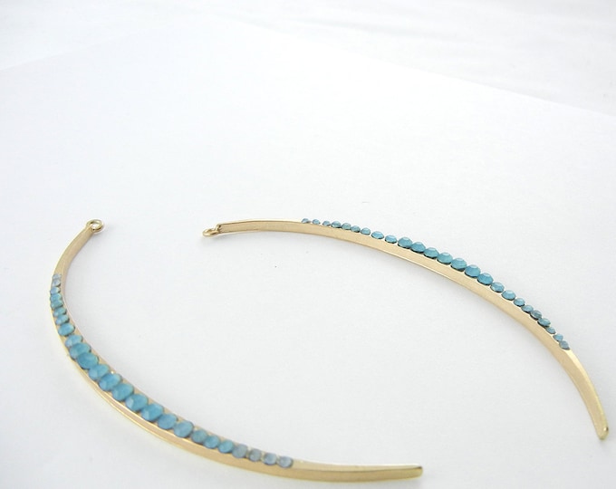 Pair of Long Slim Crescent Gold-tone Frosted Blue Cabochon Encrusted Charms