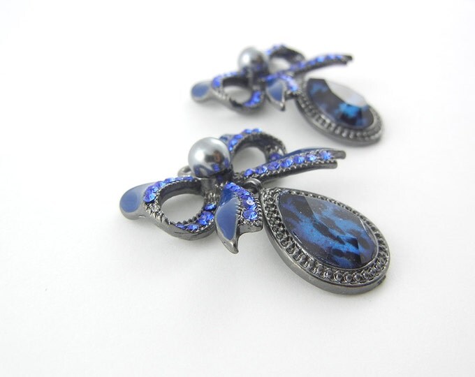 Pair of Hematite and Blue Sapphire Rhinestone Bow Drop CHarms