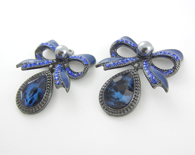 Pair of Hematite and Blue Sapphire Rhinestone Bow Drop CHarms