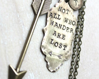 FREE SHIPPING. Brass Handstamped Ornate Tag and Arrow. Not All Who Wander Are Lost. Personalized with initial