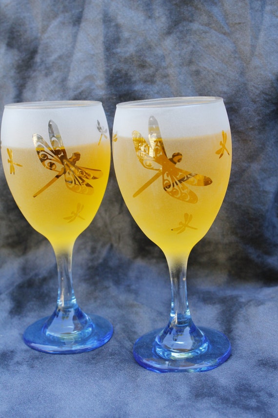 Blue Stemmed Dragonfly Frosted Etched Wine Glasses Set Of 2