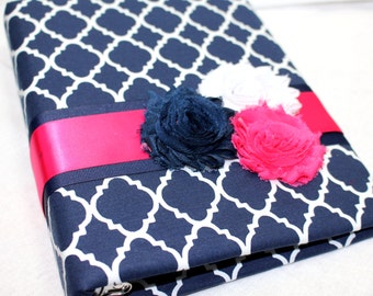 GUEST Book, BABY Shower, Advice Book, Navy and Hot Pink, Navy Blue and White Quatrefoil, Custom Colors