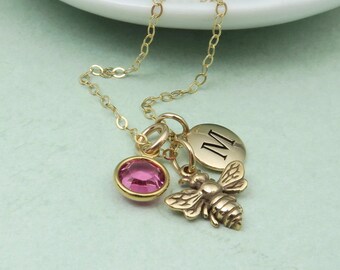 Gold Bee Necklace personalized with initial and custom birthstone