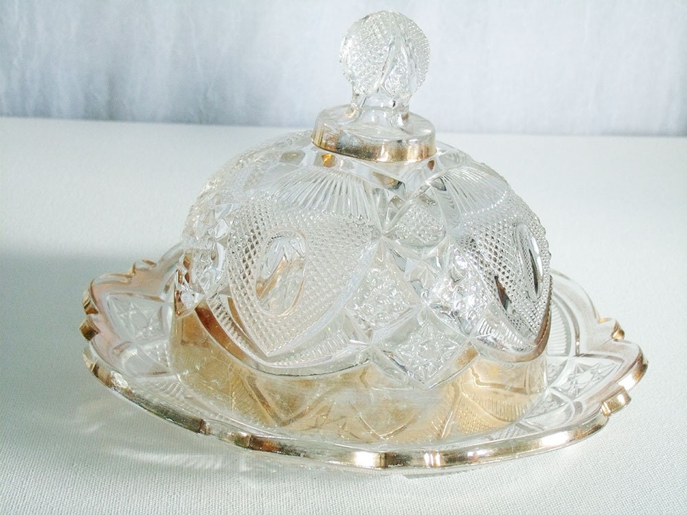 Vintage Crystal Covered Butter Dish, Diamond Cut & Gold Trimmed covered