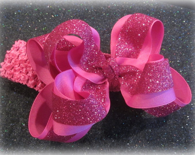 Bling Hair Bows, Glitter Hair Bows, Large TEXAS Sized Bow, Boutique Bows, Pink Glitter Bows, 5 or 6 inch hairbows, Pink Glitter Hairbow tdgl