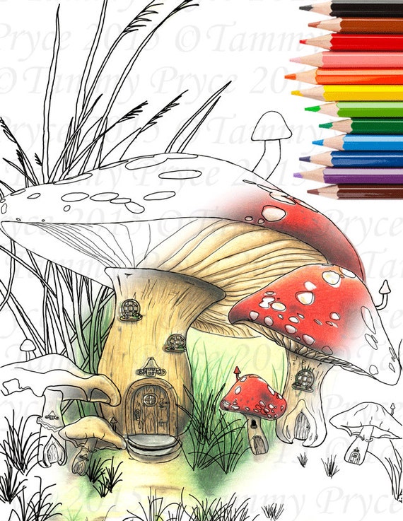 Download Fantasy Mushroom House Adult Coloring Page Digi Stamp Instant