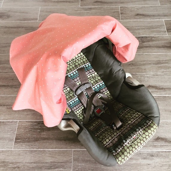Car Seat Canopy with Coral and Mint Feathers and Coral Polka