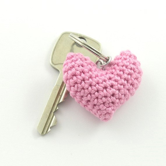 Pink puffy heart keychain crochet heart keyring by ringcat on Etsy