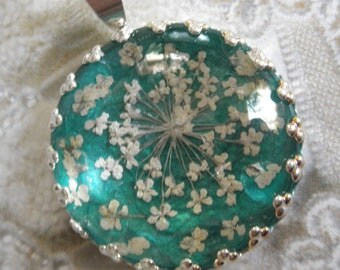Queen Anne's Lace Beneath Glass Pendant-Glowing Caribbean Ocean Blue Green-Pressed Flower Pendant-Symbolizes Peace-Gifts Under 25