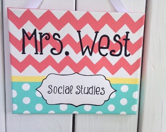 Coral and aqua Teacher name sign, chevron and polka dot, school colors classroom door sign, teachet gift, teacher appreciation, teach