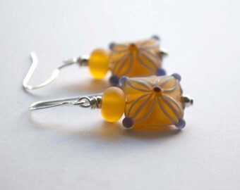 Amber Purple Earrings, Lampwork Glass Earrings, Square Earrings, Glass Bead Earrings