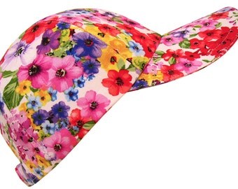 Wild Flowers - Ladies Spring Floral Baseball Ball Cap Bright Beautiful Multi Colored Pink Red Yellow Wildflowers on White Hat by Calico Caps