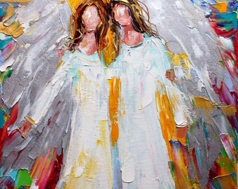 Fine art print Angel Besties - made from image of past oil painting by Karen Tarlton - impressionistic palette knife modern art