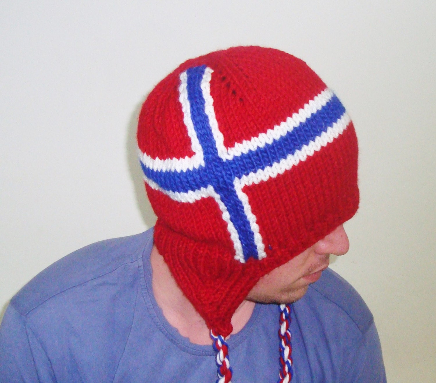 Norwegian Flag Hat Hand Knit Mens Hat in red blue by earflaphats