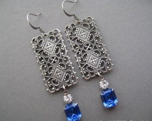 Silver Filigree Earrings - Blue Rhinestone Earrings - Medieval Jewelry - Sapphire Blue Earrings - Filigree Jewelry - Sapphire Jewelry