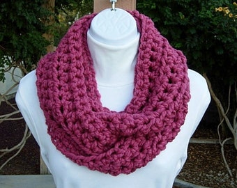 INFINITY LOOP SCARF Raspberry Dark Solid Pink, Wool Blend, Lightweight Bulky Crochet Knit Winter Cowl, Neck Warmer..Ready to Ship in 2 Days