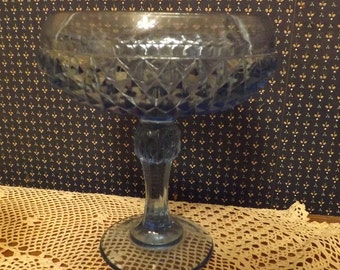 Vintage Blue Glass Compote With Diamond Design