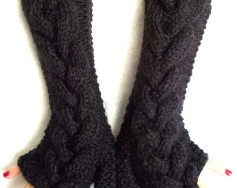 Fingerless Gloves Dark Coffee Brown Cabled Arm Warmers, Soft and Long