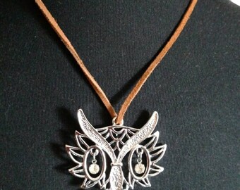 Owl pendant necklace with rhinestone eyes