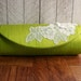 Silk clutch bag, pistachio green, Bright grass green clutch with white lace applique