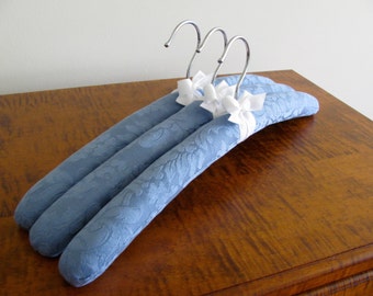 Damask Hangers, Pewter Blue Damask Hangers, Organic Ribbon-Set of 3 Damask Hangers-Pewter Damask Hangers-Padded Pewter Hanger-Something Blue
