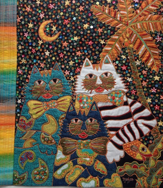 Reserved for Debra Batik Three Cats Art Quilt Fiber Art
