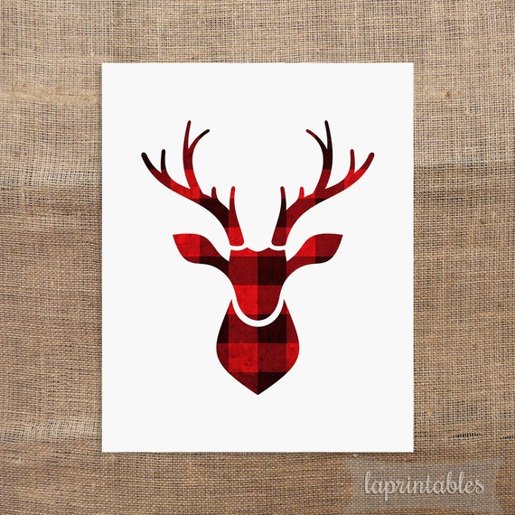 Red Flannel Deer Head Printable 8x10 Digital Art Print Cabin Art